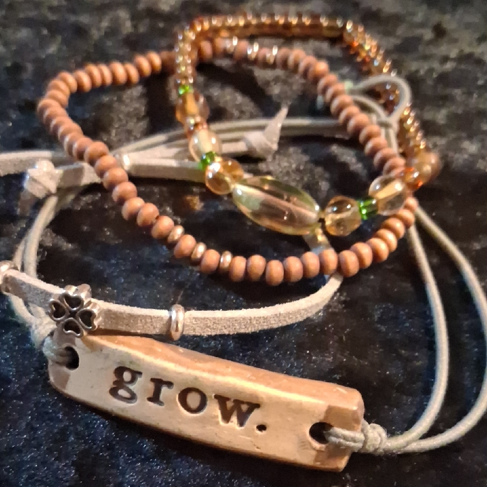 Tan and Gold Bohemian Bracelet Set with Engraved Charm